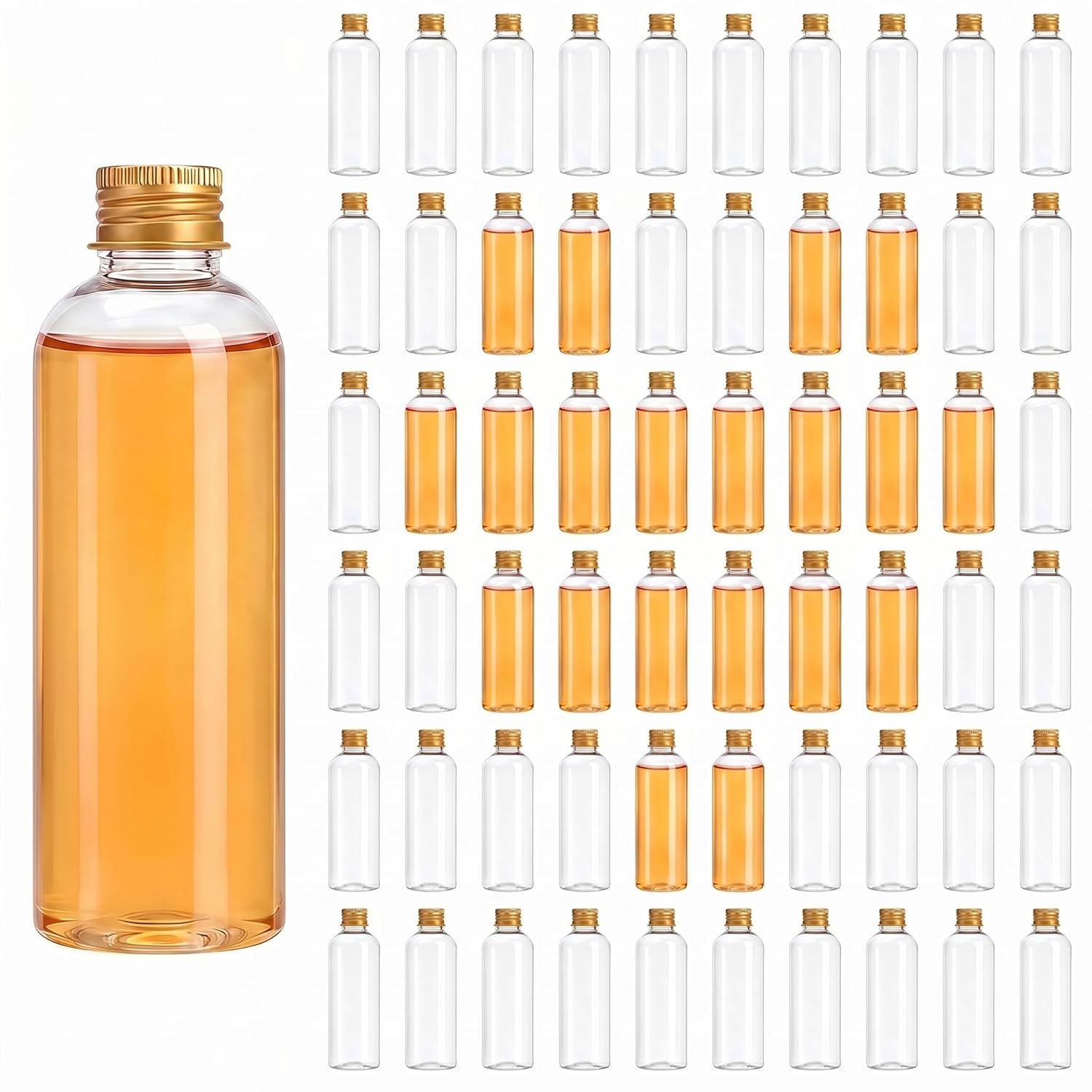 60 Pack 3.4 oz Plastic Travel Bottles, 100ml Leakproof Clear Empty Travel Size Bottle Bulk with Gold Screw Caps, Refillable Shampoo Squeeze Containers for Essential Oil, Toiletries, Cosmetics