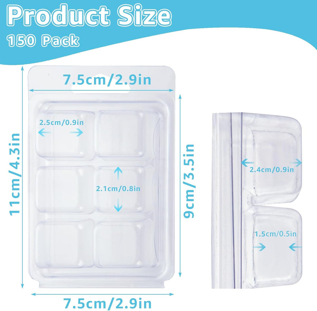 150 Pack Wax Melt Clamshells Molds, 6-Cavity Clear Empty Plastic Cubes Wax Melt Container for DIY Wax Melt Candles Wickless Tarts Candles (Square)