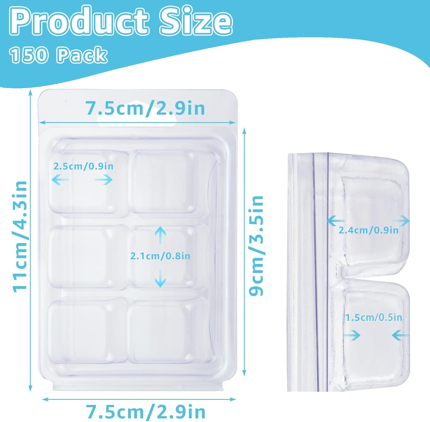 150 Pack Wax Melt Clamshells Molds, 6-Cavity Clear Empty Plastic Cubes Wax Melt Container for DIY Wax Melt Candles Wickless Tarts Candles (Square)