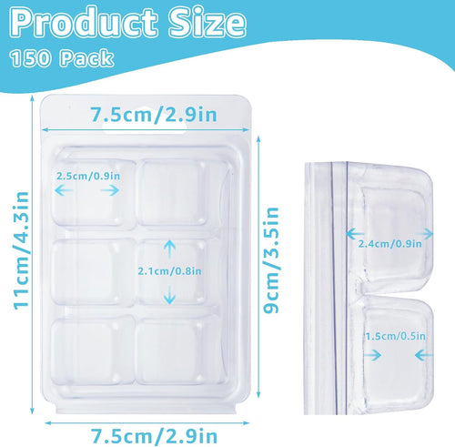 150 Pack Wax Melt Clamshells Molds, 6-Cavity Clear Empty Plastic Cubes Wax Melt Container for DIY Wax Melt Candles Wickless Tarts Candles (Square)