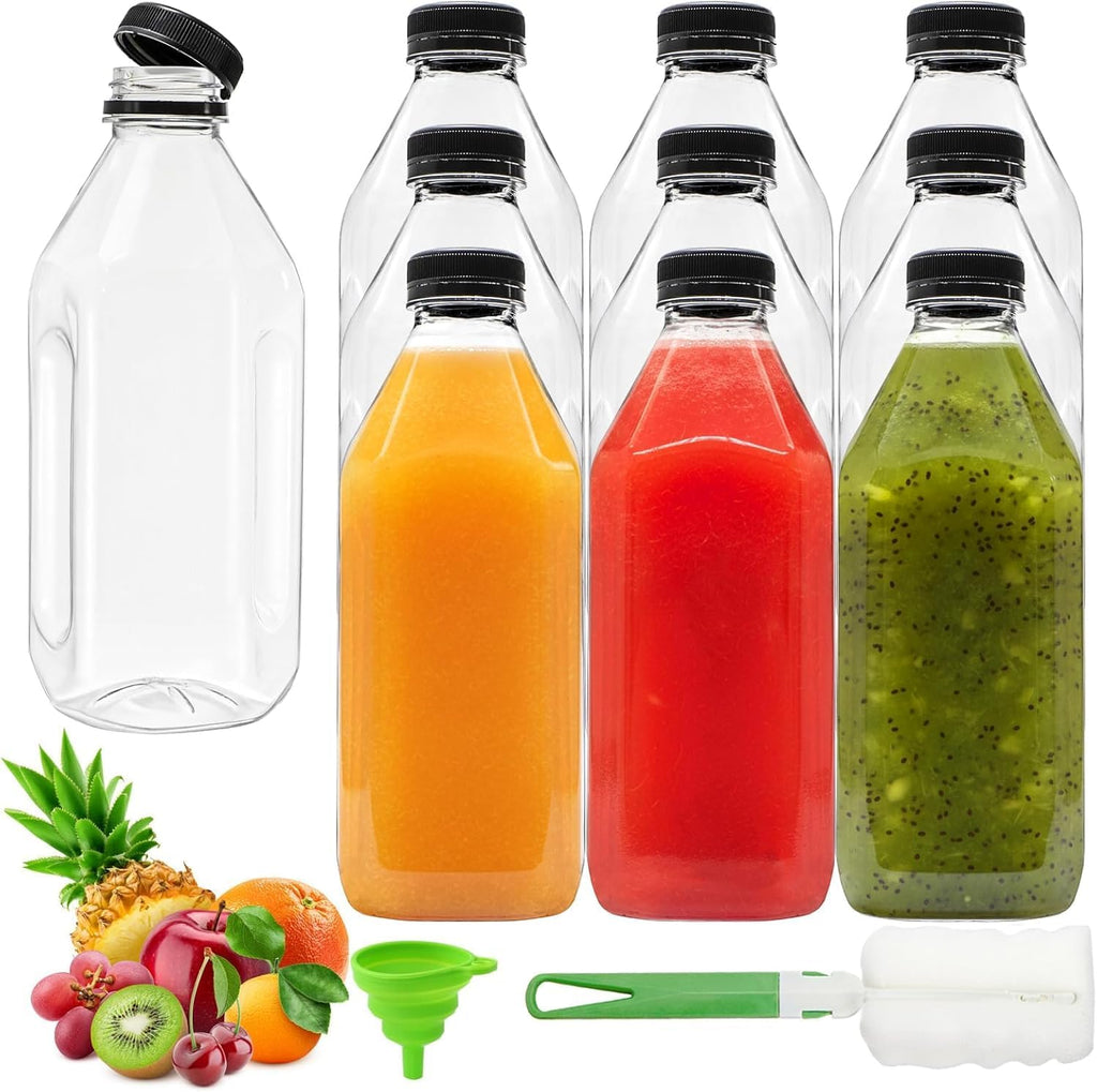 Coloch 10 Pack 33 Oz Plastic Juice Bottles with Black Caps, 1L Empty Clear Soda Bottle Reusable Drink Container Plastic Milk Bottle for Water, Juice, Beverage, Cold Drinks, Picnic, Home Use