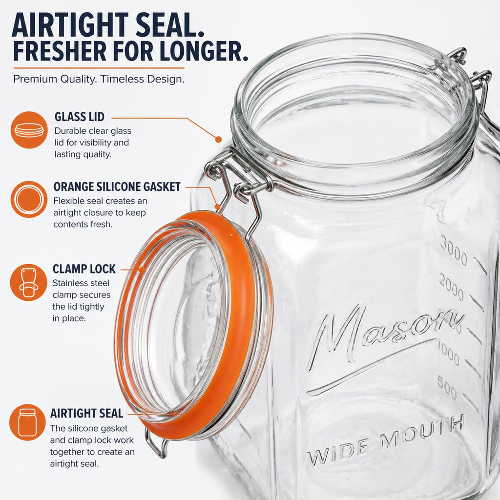 1 Gallon Glass Jars with Swing Top Lids - Extra Large Mason Jars Wide Mouth with Airtight Glass Clamp Lids - Square Glass Storage Containers with Measurements for Flour, Sugar & Pickling, 2 Pack