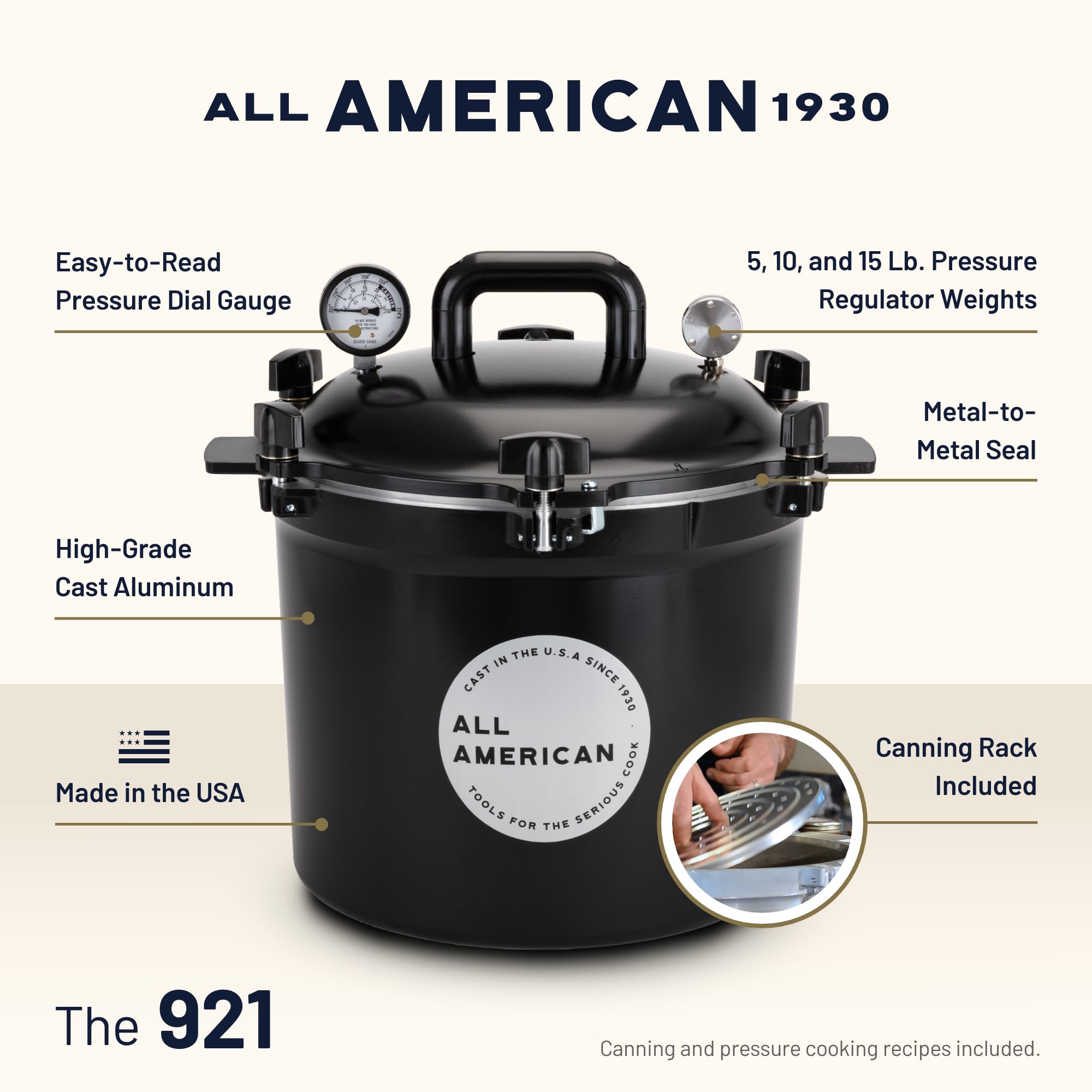 All American 1930: 21.5qt Pressure Cooker/Canner (The 921) - Exclusive Metal-to-Metal Sealing System - Easy to Open & Close - Suitable for Gas, Electric, or Flat Top Stoves - Made in the USA
