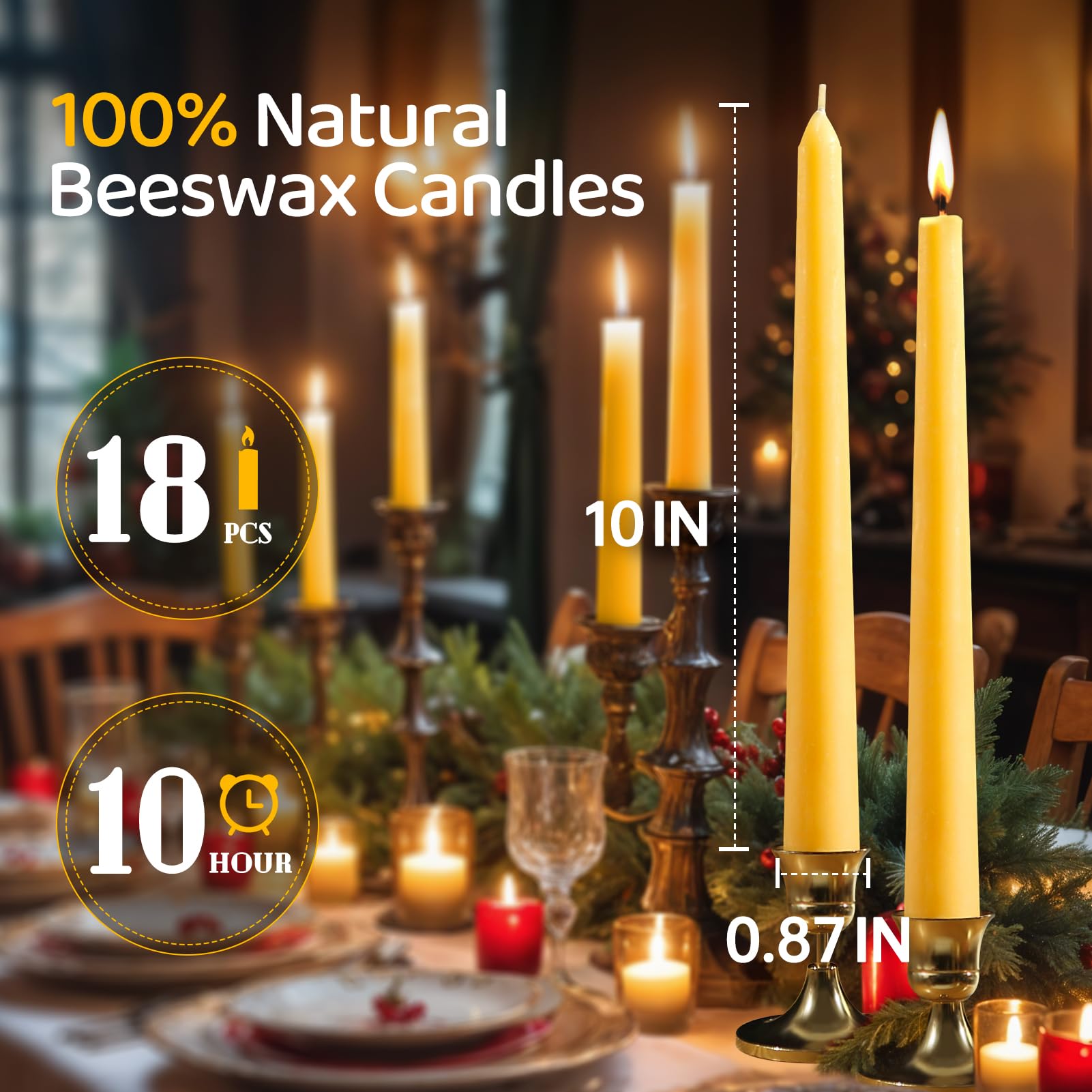 12 Pack Beeswax Taper Candles,8in Dripless Pure Beeswax Candles Non Toxic,8 Hours Long Burning 100% Natural Candle Sticks,Smokeless and Unscented Bees Wax Candle for Home,Prayer,Tall Tapered