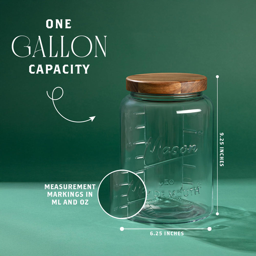 kitchentoolz Extra Large Mason Jar - 1 Gallon Glass Wide Mouth Jar with Airtight Wooden Lid, Food Storage Container with Measurement Markings For Kitchen Pantry, Pickling, Cookies, Flour & Sugar