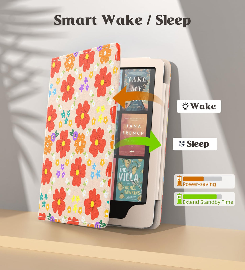 MoKo Case for 7"/6.8" Kindle Paperwhite(12th/11th Generation-2024/2021) and Kindle Colorsoft Signature Edition, Slim PU Shell Cover Case with Auto-Wake/Sleep for Kindle Paperwhite 2024, Flowers