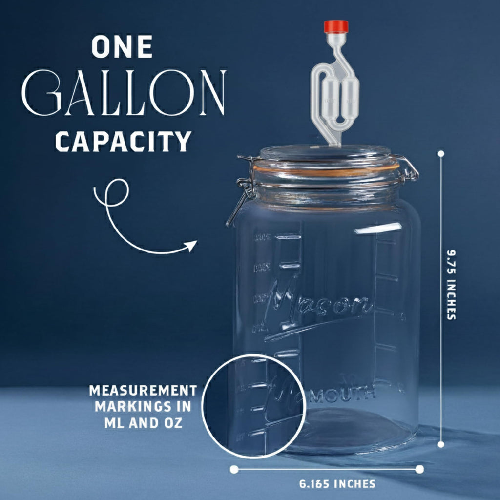 kitchentoolz 1-Gallon Mason Glass Fermenting Jar with Airlock Lid – Wide Mouth with Ounce & Milliliter Markings for Mead, Kombucha, Beer, Wine & Pickling