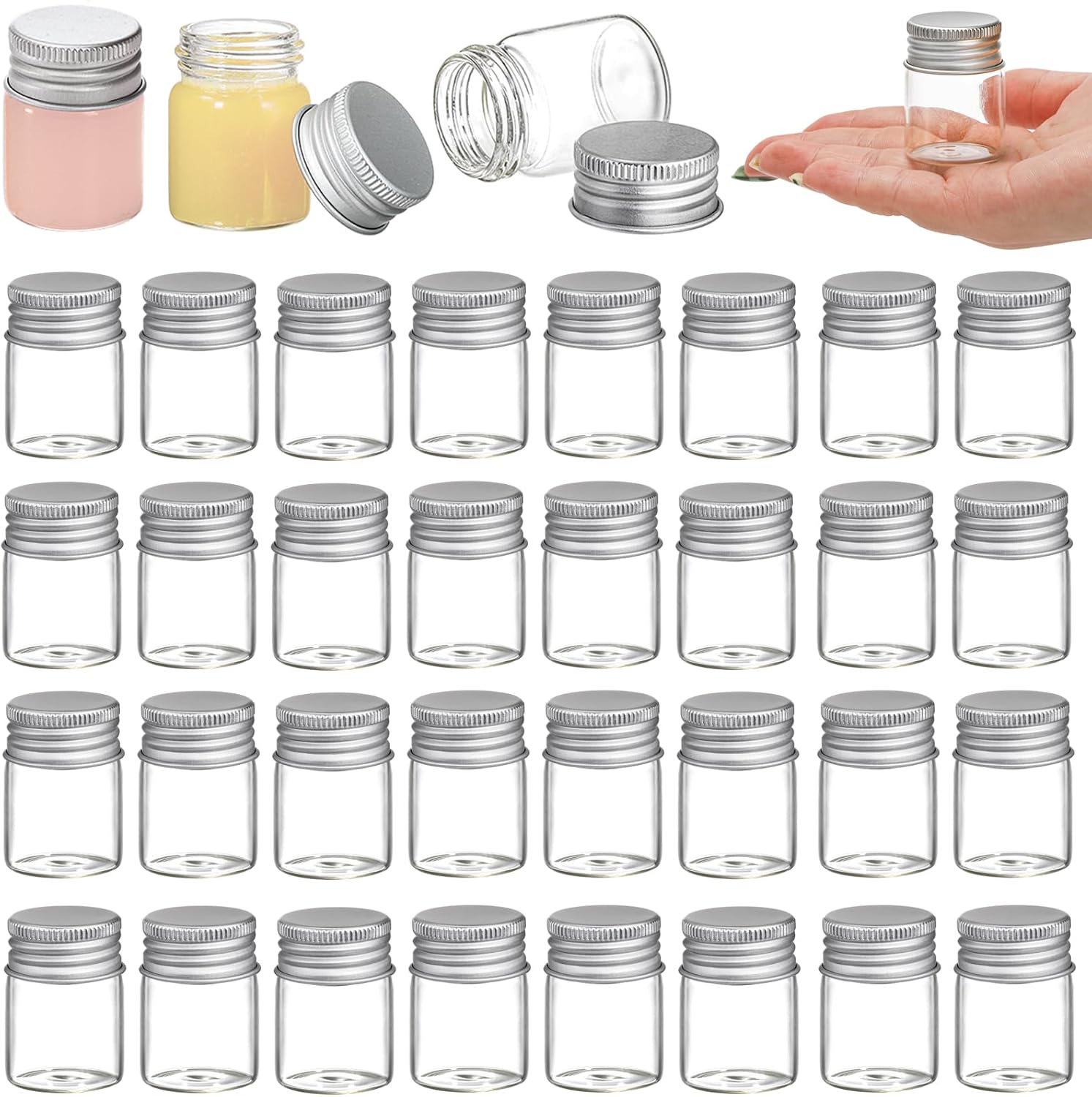 Coloch 36 Pack 15ml Empty Glass Jars with Screw Aluminum Caps, 0.5Oz Mini Cosmetics Container Jar Glass Paint Jar Refillable Oil Vials Test Bottles for Cosmetics, Chemicals, Decoration