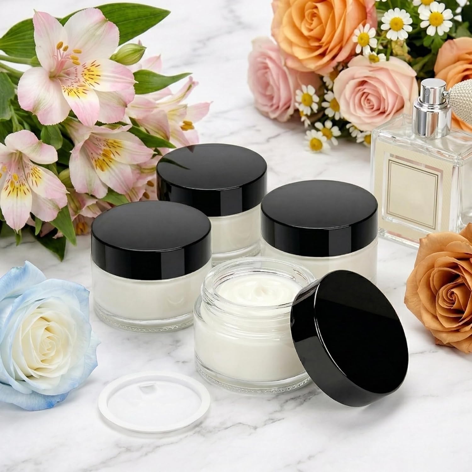 Coloch 40 Pack 1 oz Small Glass Jars with Black Lids, 30ml Empty Glass Cosmetics Container with Inner Liner Refillable Clear Sample Jars for Creams, Lotions, Powders, Skincare, Travelling