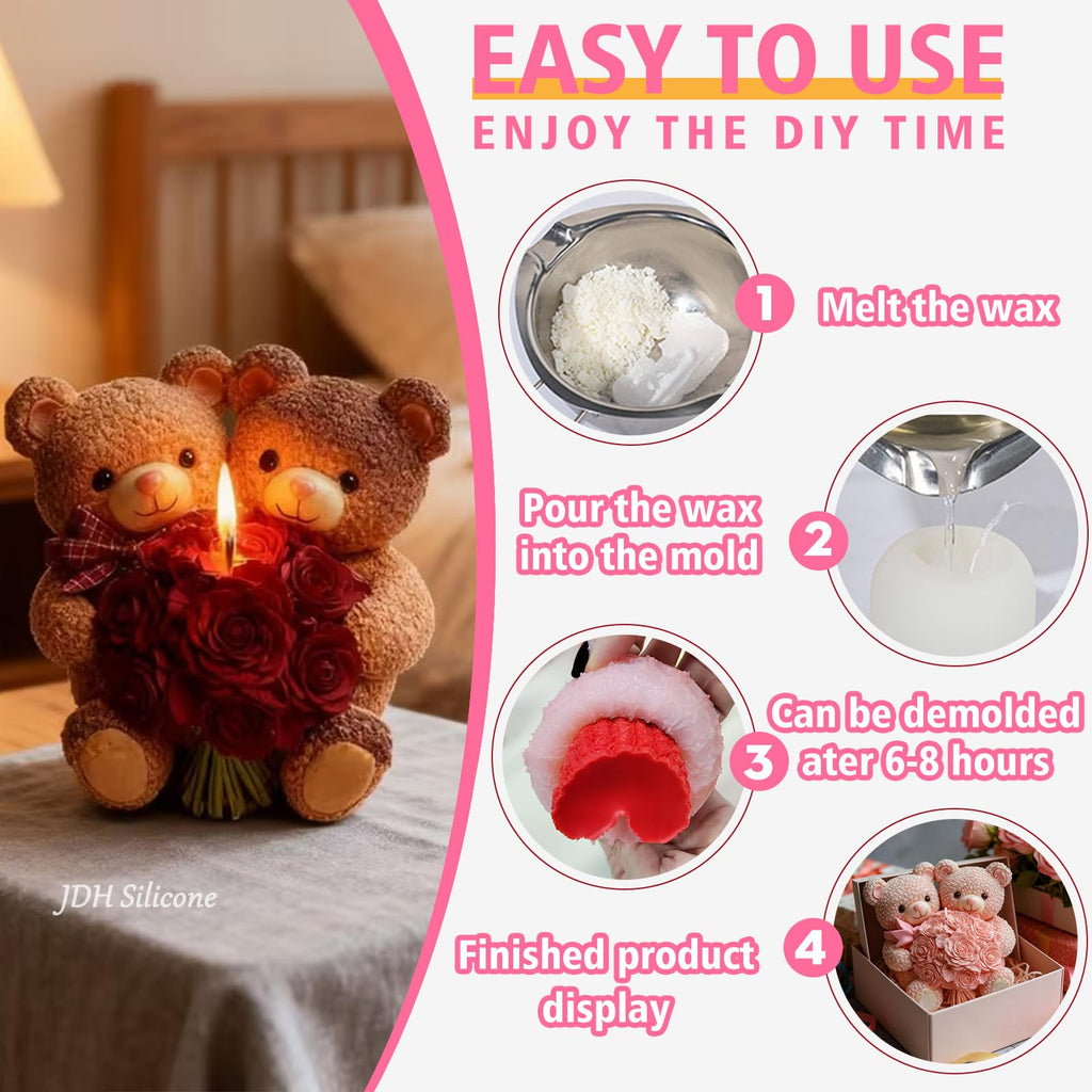 2PCS 3D Rose Bear Wax Candle Mold,Teddy Bear Candle Making Molds,Cute Epoxy Resin Molds,Ornament for DIY Wax Candles Art Craft Cake Chocolate Soap Mold Home Decor Valentine Gifts Birthday Gift
