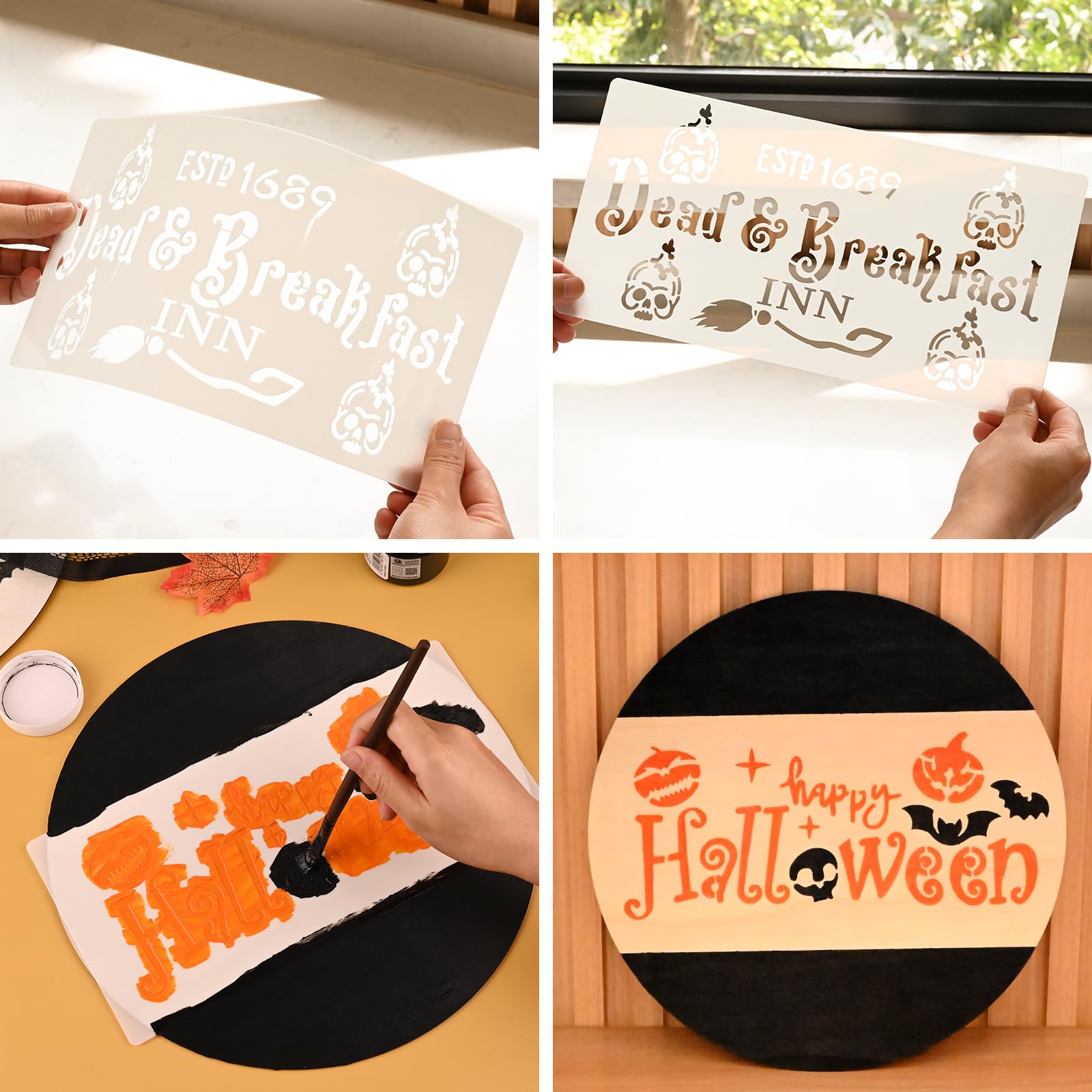 HUAKENER 9 Pcs Halloween Stencils for Painting, 12 Inch Large Round Halloween Templates, Reusable Halloween Stencils for Painting on Wood Walls Windows Doors Mats Fabric