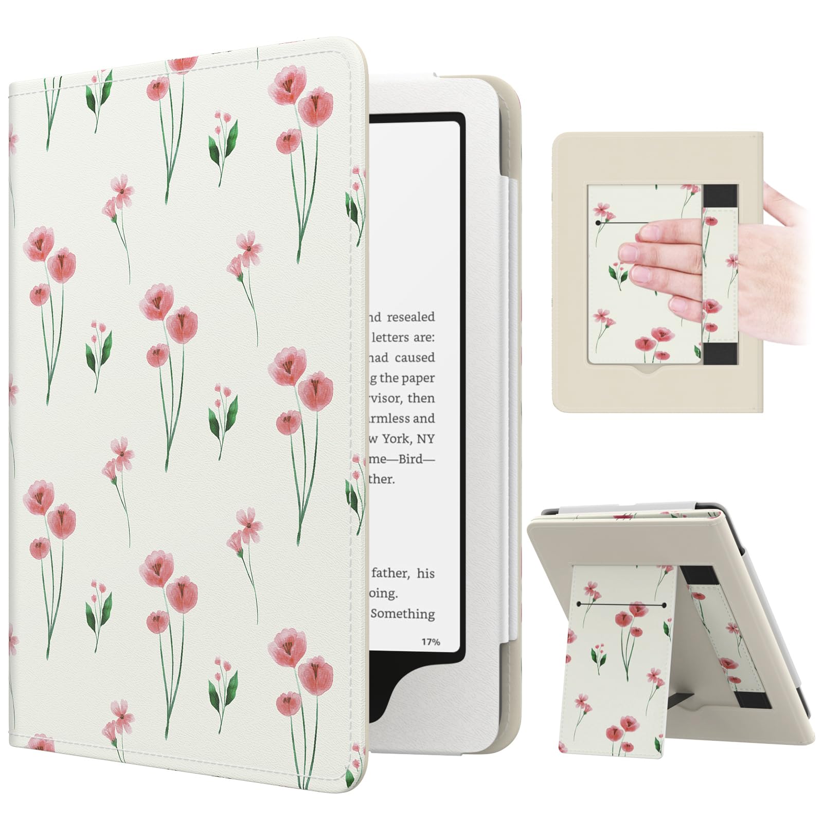 MoKo Case for 7"/6.8" Kindle Paperwhite(12th/11th Generation-2024/2021) and Kindle Colorsoft Signature Edition, Slim PU Shell Cover Case with Auto-Wake/Sleep for Kindle Paperwhite 2024, Flowers