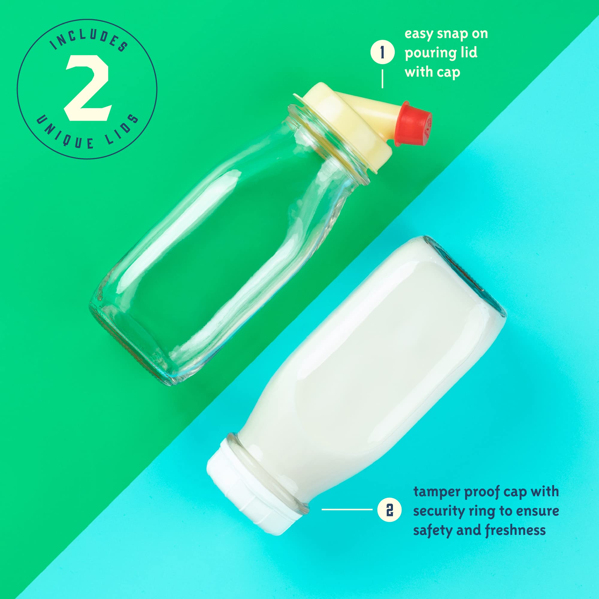 kitchentoolz Glass Creamer Bottle 12 Oz Square Glass Milk Bottle with Lids- Glass Bottles with Lids - Milk Container for Refrigerator - 12 Ounce Milk Bottle with Lid and Pour Spout
