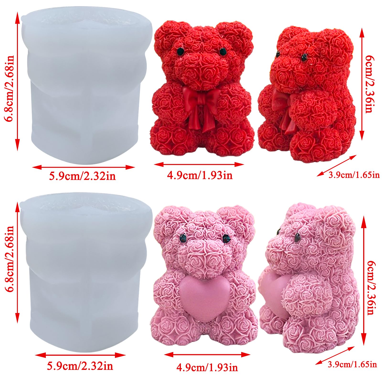 2PCS 3D Rose Bear Wax Candle Mold,Teddy Bear Candle Making Molds,Cute Epoxy Resin Molds,Ornament for DIY Wax Candles Art Craft Cake Chocolate Soap Mold Home Decor Valentine Gifts Birthday Gift