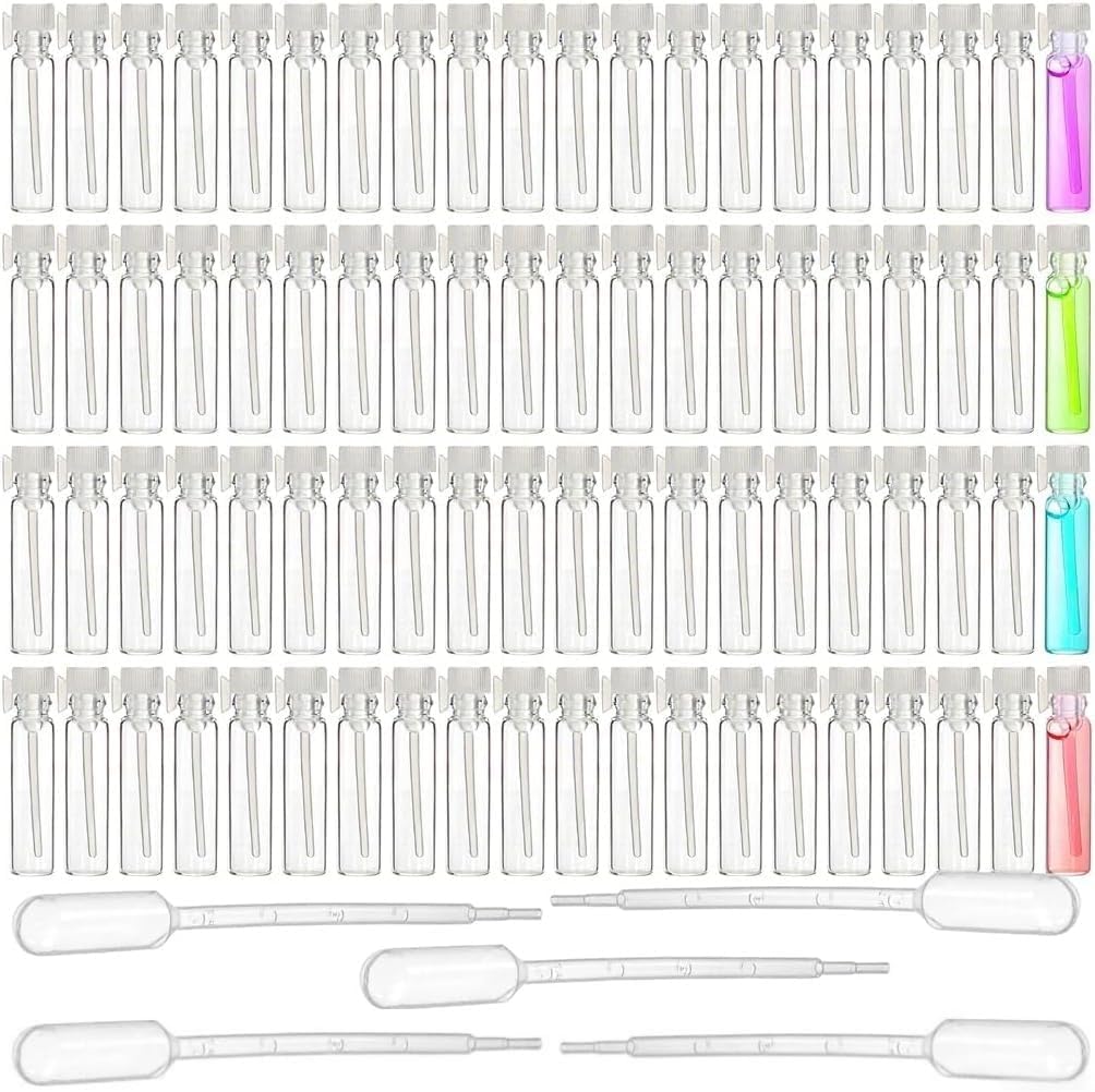 200Pcs Mini 1ml Clear Glass Perfume Sample Bottles with 5 Droppers, Empty Refillable Cologne Decant Bottles, Travel Tester Vials for Fragrance, Essential Oils, DIY Liquids