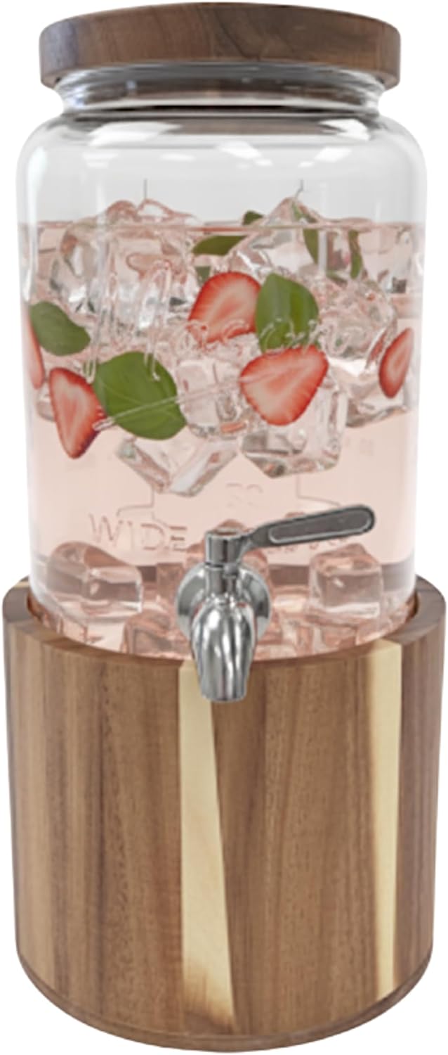 1 Gallon Glass Water & Lemonade Dispenser with Wooden Lid & Stand – Mason Jar Beverage Dispenser with Stainless Steel Spigot, Measurement Marks – Drink Server for Parties, Events, Home Use