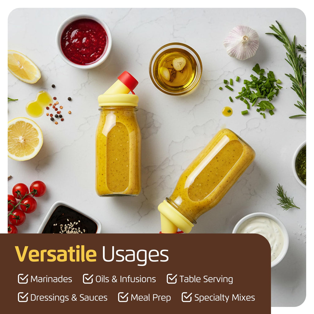 kitchentoolz Salad Dressing Shaker Bottle – 12oz Carafe Glass Bottle with Silicone Pour Spout and Tamper-Proof Lid for Sauces and Marinades - Salad Dressing Dispenser Container