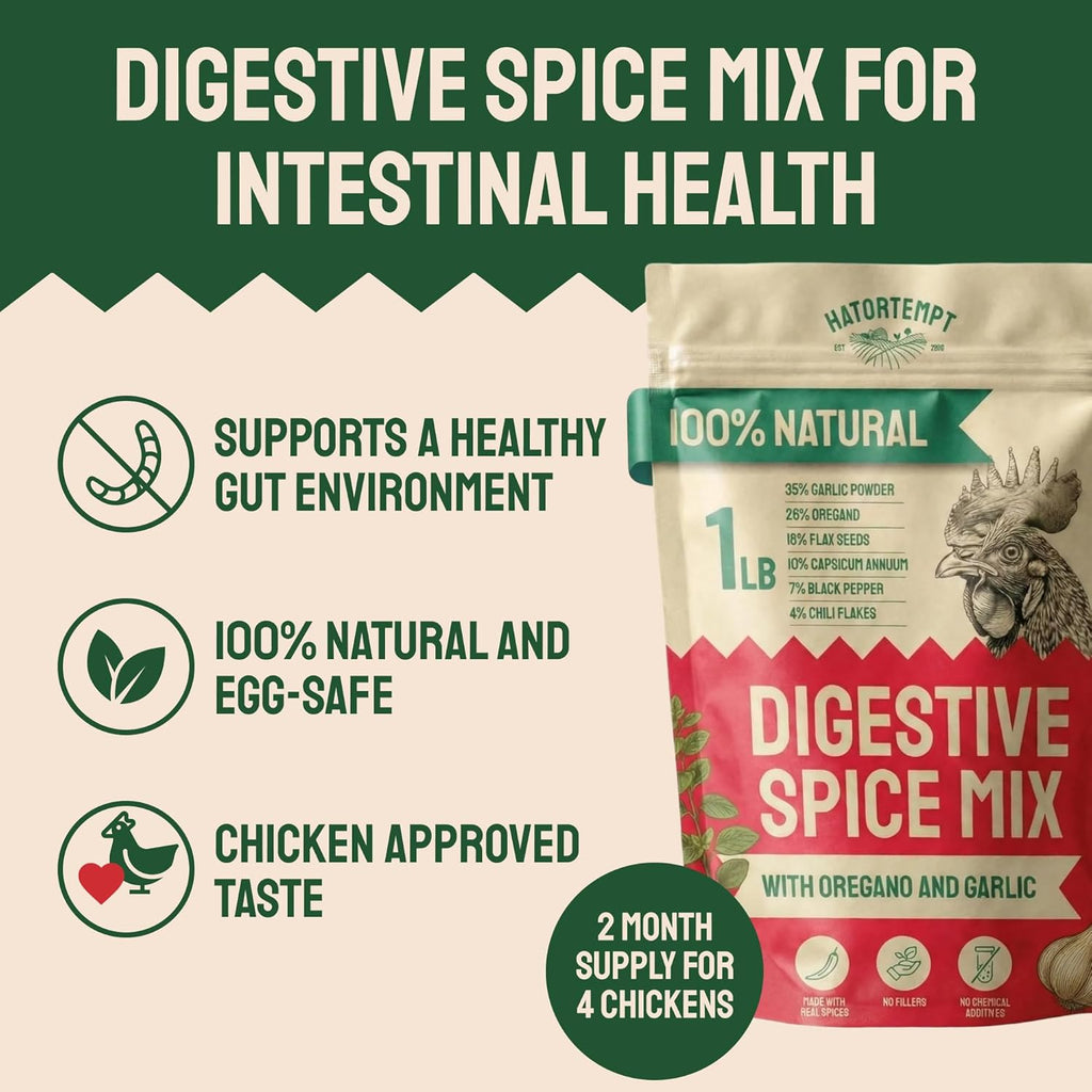 Hatortempt Chili Mix for Chickens - Intestinal Support Herbs for Chickens with Garlic, Oregano and Chili – Egg-Safe Poultry Herbs Mix (1lb)