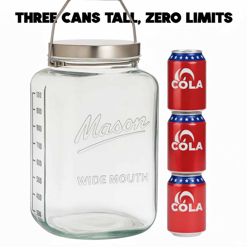 kitchentoolz Large 2 Gallon Glass Mason Jar with Big Airtight Metal Lid and Carry Handle – Wide Mouth Square Container with Measurements for Dry Goods, Bulk Storage, and Food Prep