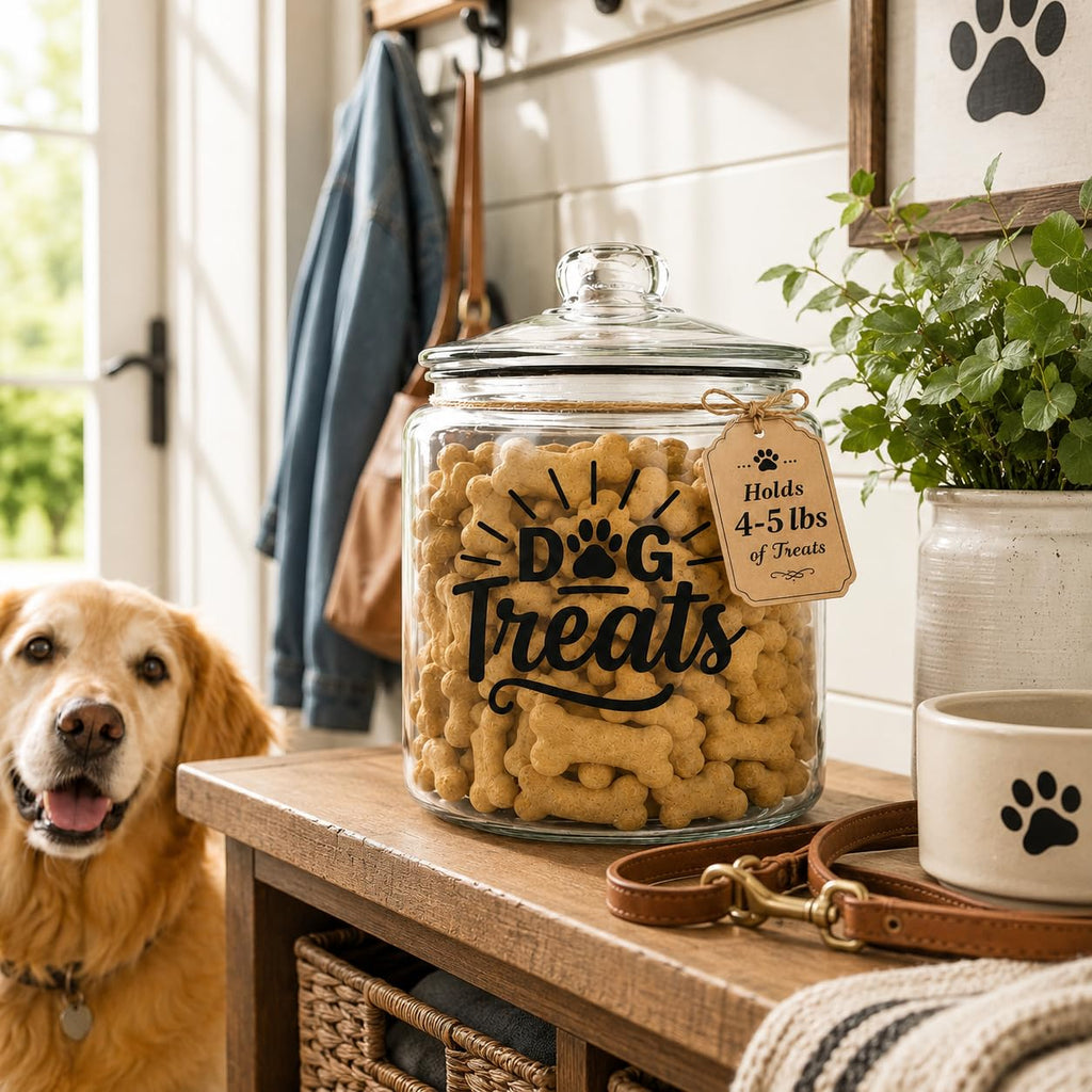 kitchentoolz 1-Gallon Glass Dog Treat Container Airtight – Large Countertop Dog Cookie Jar with Lid for Dog Treat Storage, Decorative Treat Jar & Dachshund Accessories