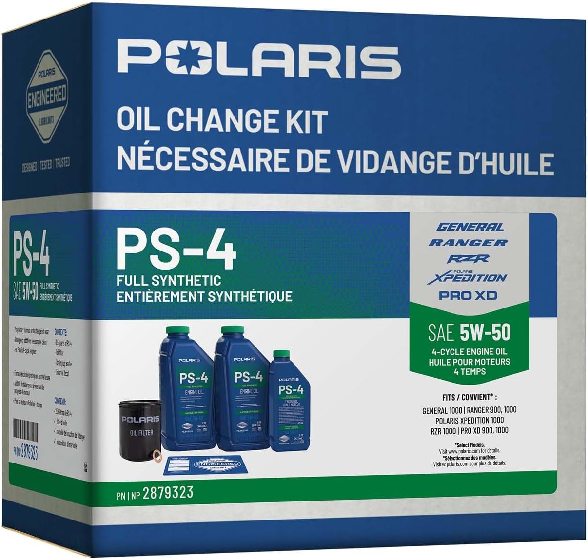 Polaris PS4 Oil Change Kit for Specific RANGER, GENERAL, RZR, ACE 900 XC Models With 4 Stroke Engine, Includes 2.5 Quarts PS-4 5W-50 Full Synthetic Oil, 1 Oil Filter, Genuine OEM - Part 2879323