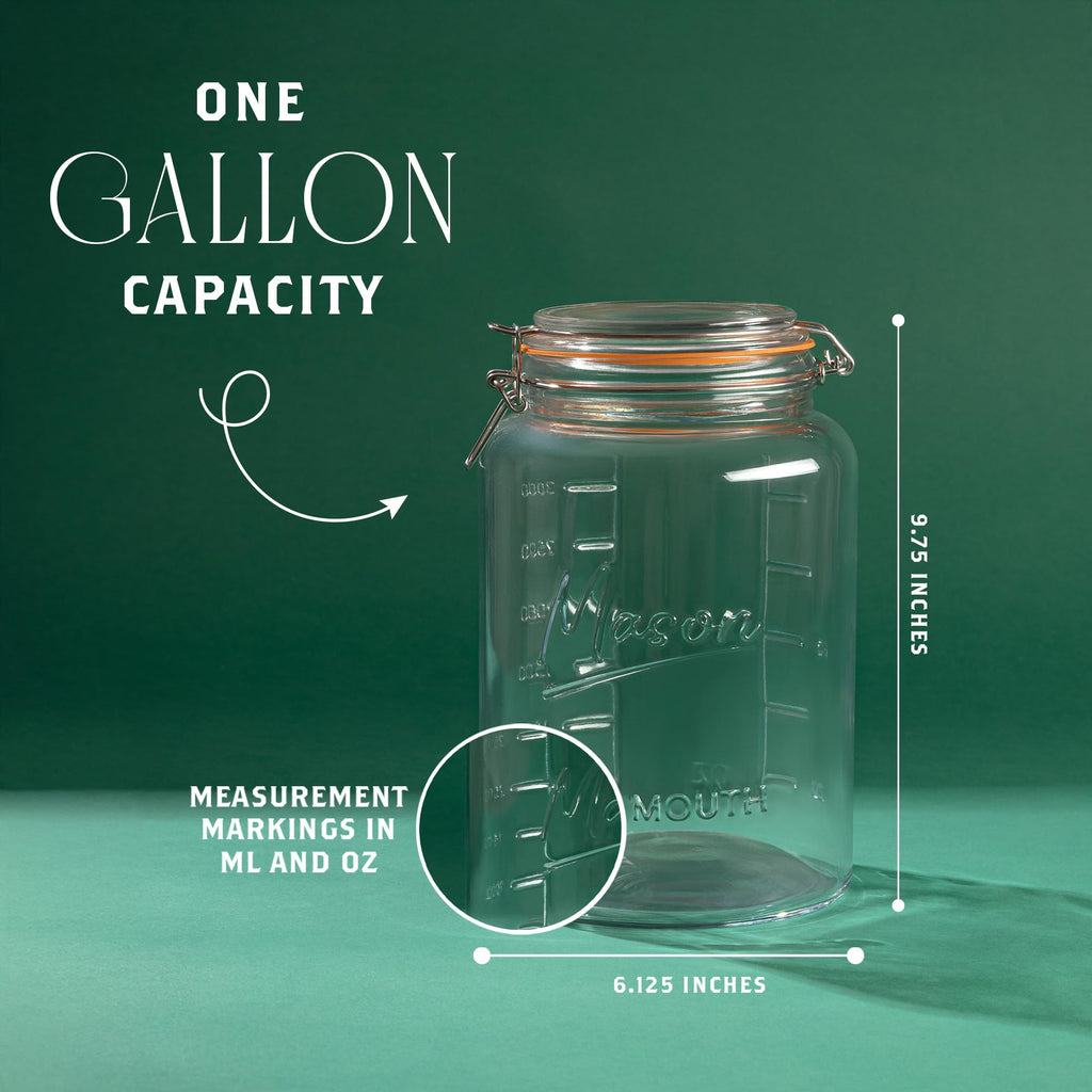 kitchentoolz 1 Gallon Glass Jar with Hinged Clamp-Top Lid – Premium Locking Mason Jar – Airtight Rubber Gasket, Wide Mouth – For Canning, Pickling, Fermenting – Measurement Markings – 1 Pack