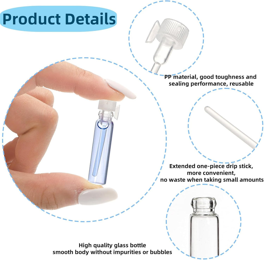 200Pcs Mini 1ml Clear Glass Perfume Sample Bottles with 5 Droppers, Empty Refillable Cologne Decant Bottles, Travel Tester Vials for Fragrance, Essential Oils, DIY Liquids