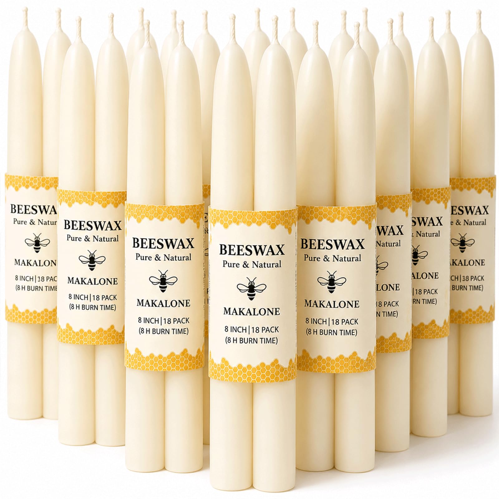 12 Pack Beeswax Taper Candles,8in Dripless Pure Beeswax Candles Non Toxic,8 Hours Long Burning 100% Natural Candle Sticks,Smokeless and Unscented Bees Wax Candle for Home,Prayer,Tall Tapered