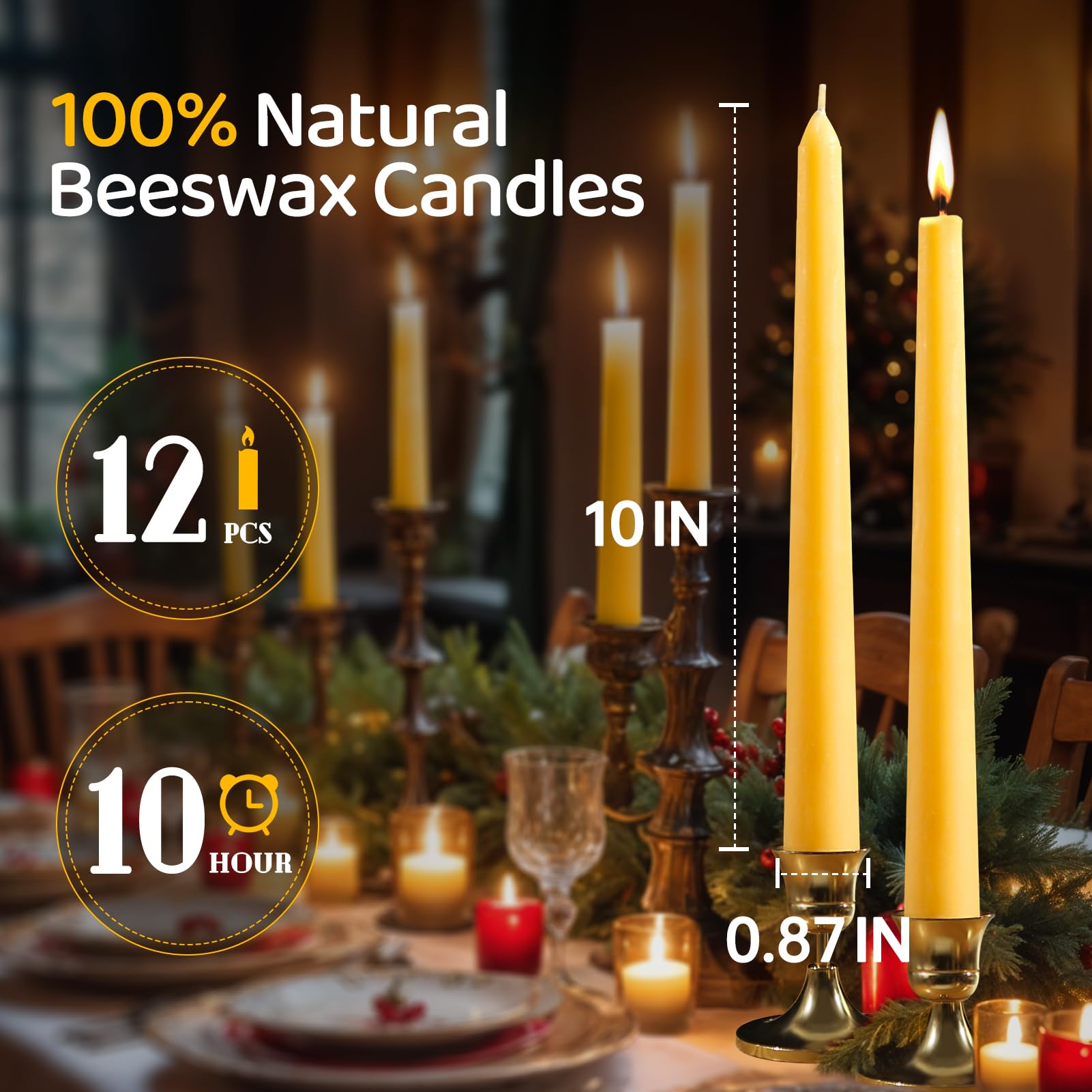 12 Pack Beeswax Taper Candles,8in Dripless Pure Beeswax Candles Non Toxic,8 Hours Long Burning 100% Natural Candle Sticks,Smokeless and Unscented Bees Wax Candle for Home,Prayer,Tall Tapered