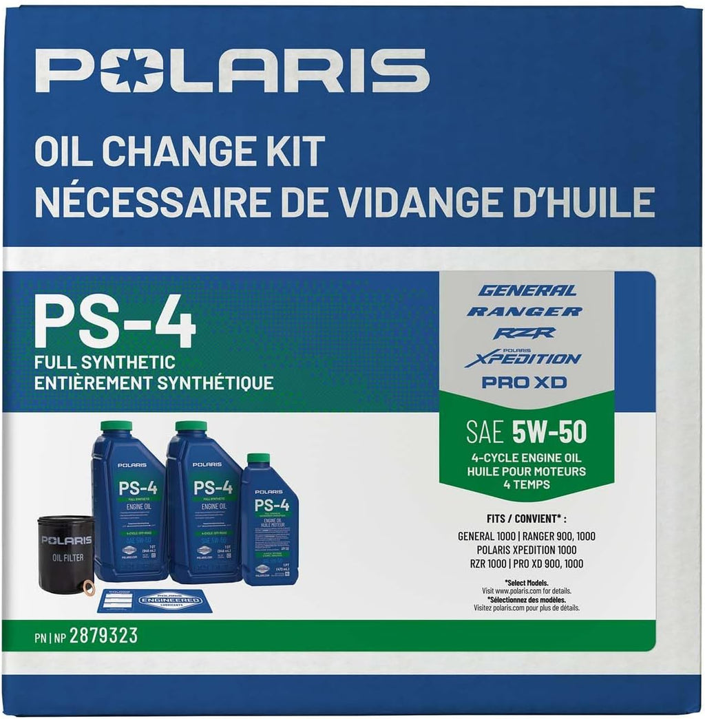 Polaris PS4 Oil Change Kit for Specific RANGER, GENERAL, RZR, ACE 900 XC Models With 4 Stroke Engine, Includes 2.5 Quarts PS-4 5W-50 Full Synthetic Oil, 1 Oil Filter, Genuine OEM - Part 2879323