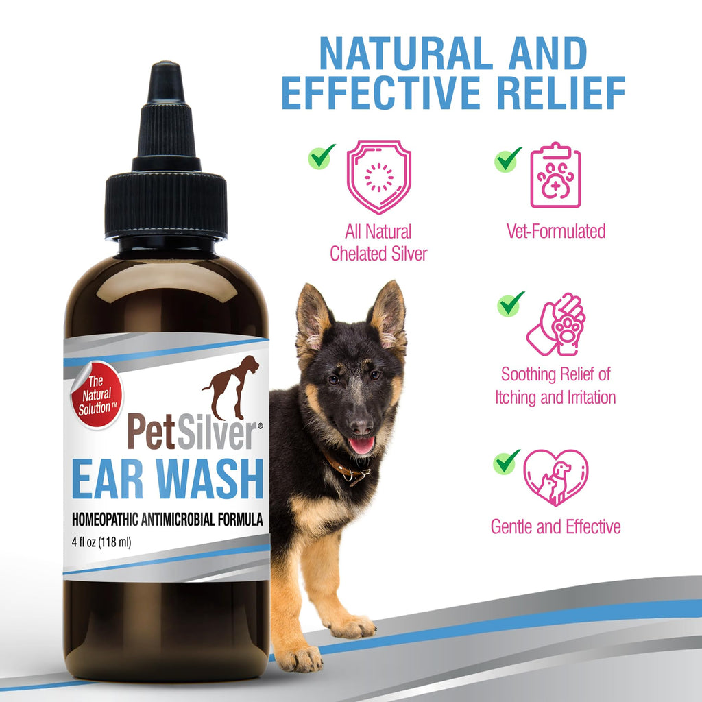 PetSilver Dog Ear Cleaner Solution – Gentle Ear Wash for Dogs and Cats with Chelated Silver – Otic Rinse Formula Targets Wax Buildup, Smelly Odor, and Itchy or Irritated Areas - Made in USA - 8 fl oz