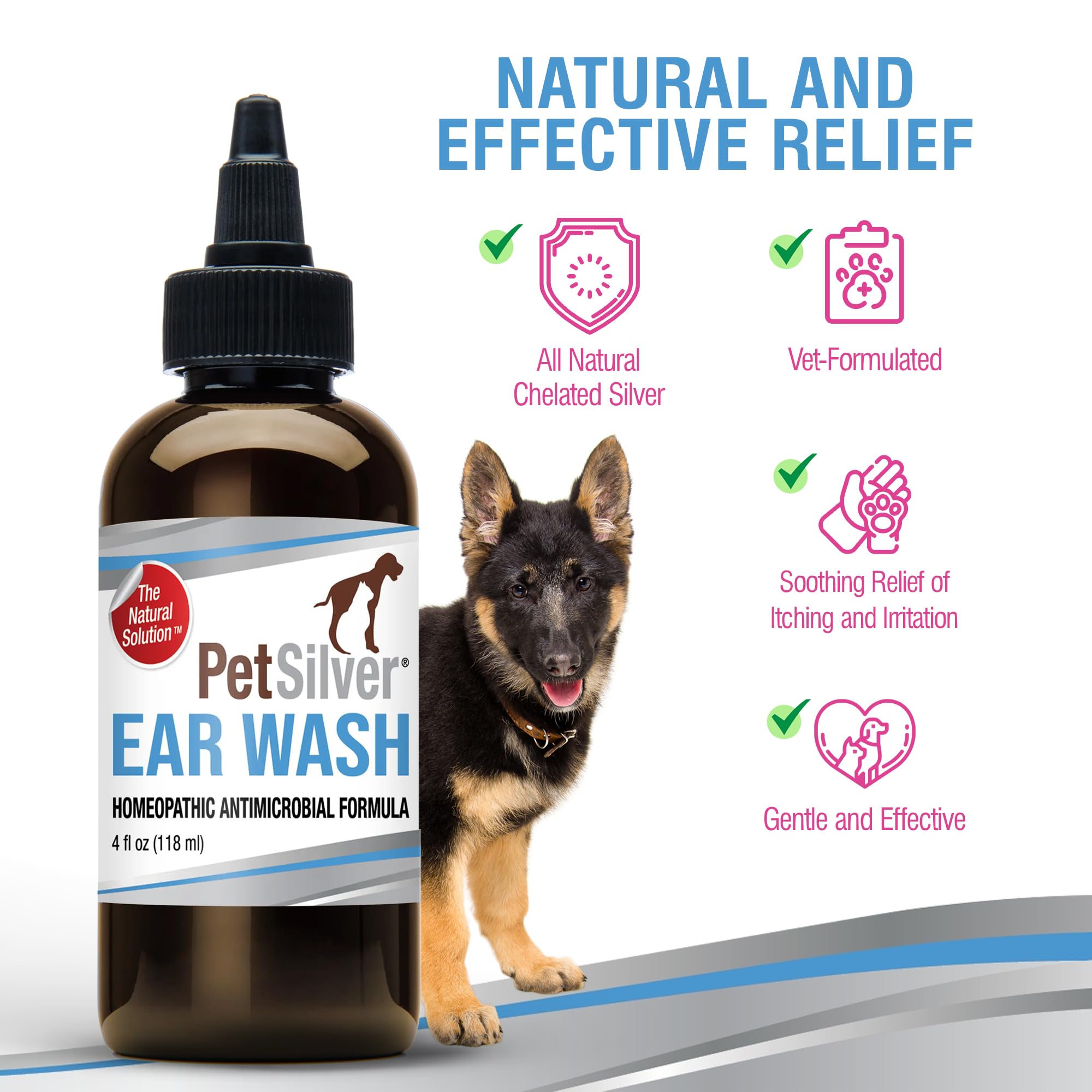 PetSilver Dog Ear Cleaner Solution – Gentle Ear Wash for Dogs and Cats with Chelated Silver – Otic Rinse Formula Targets Wax Buildup, Smelly Odor, and Itchy or Irritated Areas - Made in USA - 8 fl oz