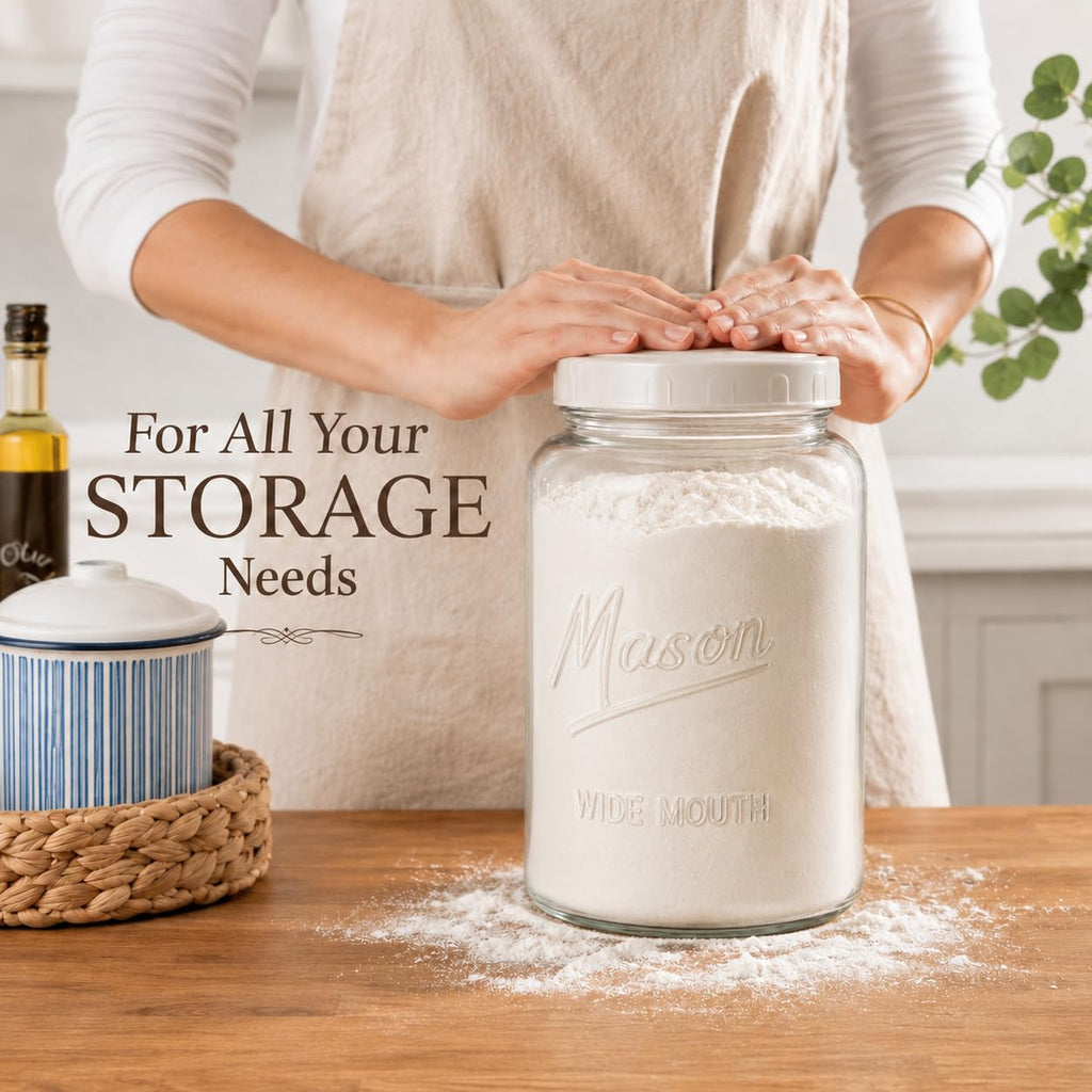 Kitchentoolz Extra Large Mason Jar - 1 Gallon Glass Wide Mouth Jar with Airtight Metal Screw on Lid, Food Storage Container with Measurement Marks For Kitchen Pantry, Pickling, Flour & Sugar Pack of 1