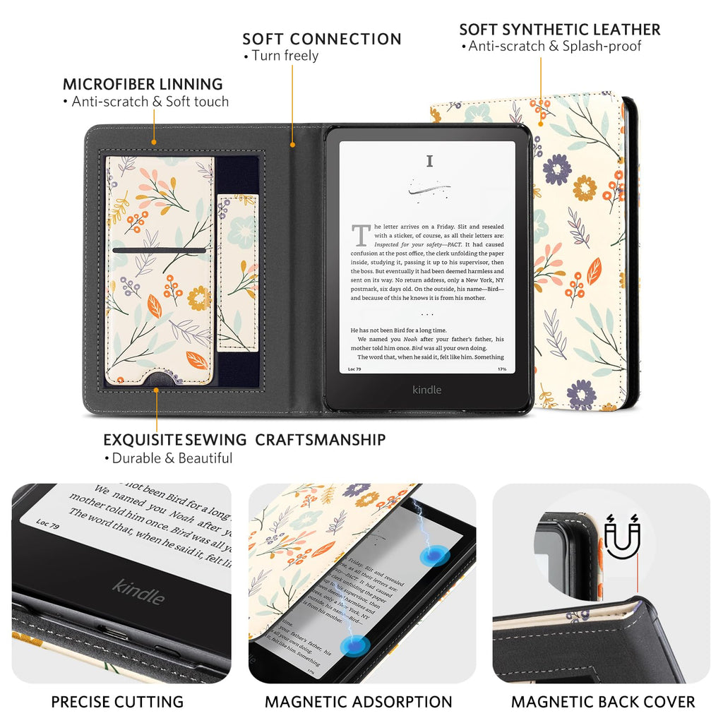CoBak Case with Stand for Kindle Paperwhite 12th Gen 2024 Released (7") & Kindle Colorsoft Signature Edition - Durable PU Leather Cover with Auto Sleep Wake, Card Slot, Hand Strap Feature, Sage Green