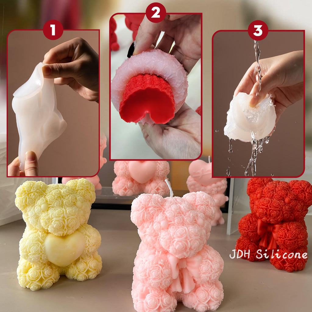 2PCS 3D Rose Bear Wax Candle Mold,Teddy Bear Candle Making Molds,Cute Epoxy Resin Molds,Ornament for DIY Wax Candles Art Craft Cake Chocolate Soap Mold Home Decor Valentine Gifts Birthday Gift