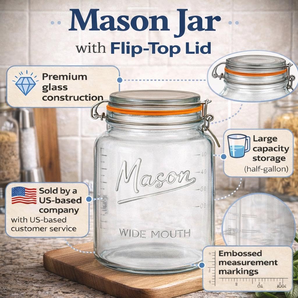 kitchentoolz 64 oz Mason Jars Wide Mouth with Airtight Lids – Set of 2 Half Gallon Glass Jar with Lid – Large Mason Jars with Lids for Kitchen Pantry, Storage, and Canning