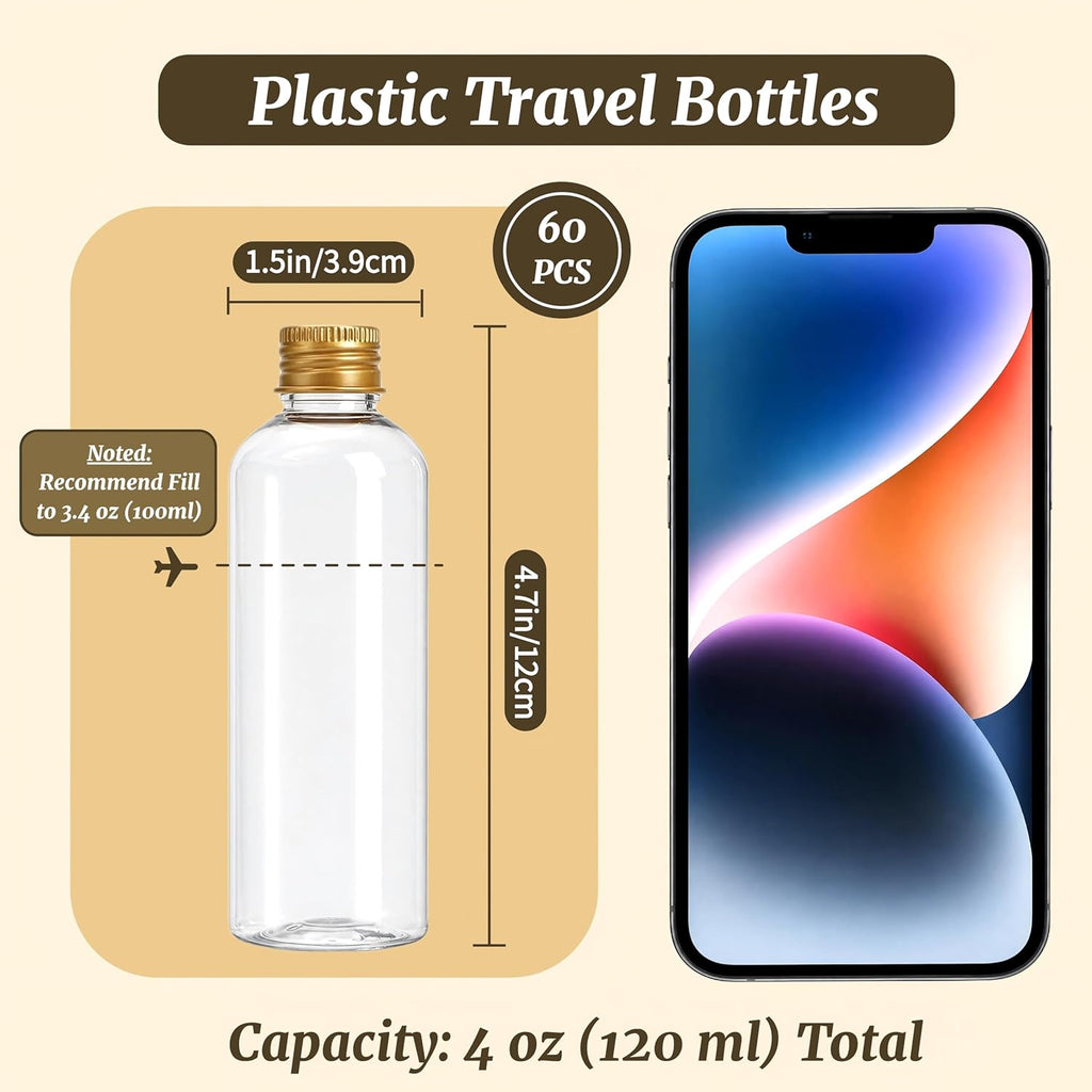 60 Pack 3.4 oz Plastic Travel Bottles, 100ml Leakproof Clear Empty Travel Size Bottle Bulk with Gold Screw Caps, Refillable Shampoo Squeeze Containers for Essential Oil, Toiletries, Cosmetics
