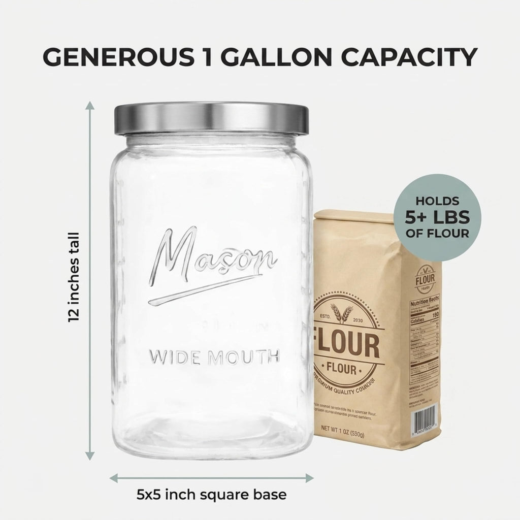 1 Gallon Glass Jars with Lids - Extra Large Mason Jars Wide Mouth with Airtight Metal Screw On Lids - Square Glass Storage Containers with Measurements for Flour, Sugar, Cookies & Pickling, 2 Pack