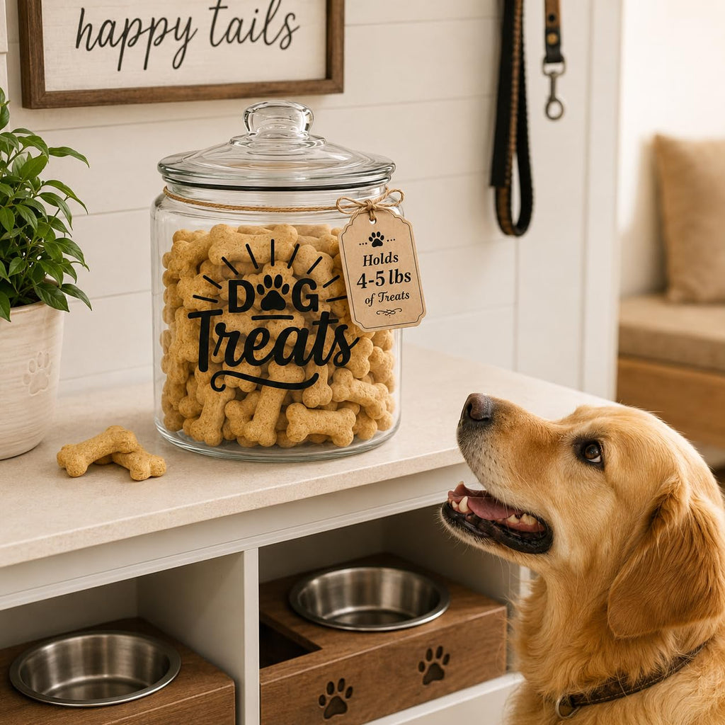kitchentoolz 1-Gallon Glass Dog Treat Container Airtight – Large Countertop Dog Cookie Jar with Lid for Dog Treat Storage, Decorative Treat Jar & Dachshund Accessories