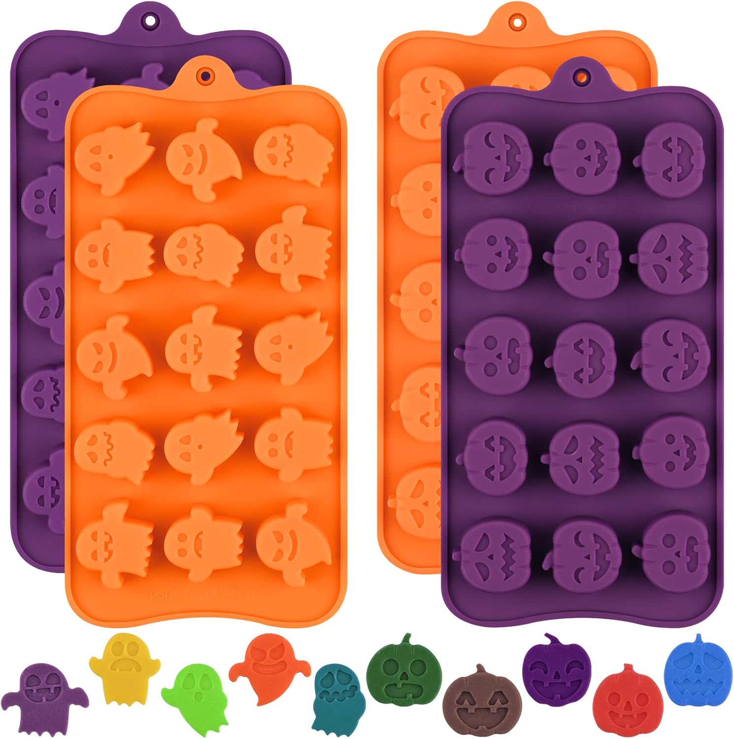 HUAKENER 4 Pack Halloween Candy Molds, Silicone Pumpkin Mold, Ghost Chocolate Mold, Halloween Silicone Molds for Chocolate, Candy, Jelly, Wax Melt, Ice Cubes, Cake Decorations