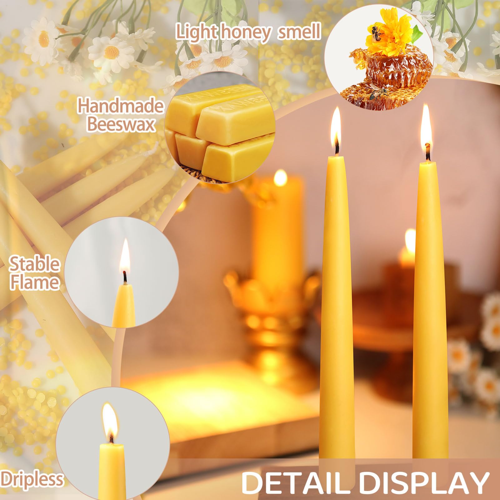 12 Pack Beeswax Taper Candles,8in Dripless Pure Beeswax Candles Non Toxic,8 Hours Long Burning 100% Natural Candle Sticks,Smokeless and Unscented Bees Wax Candle for Home,Prayer,Tall Tapered