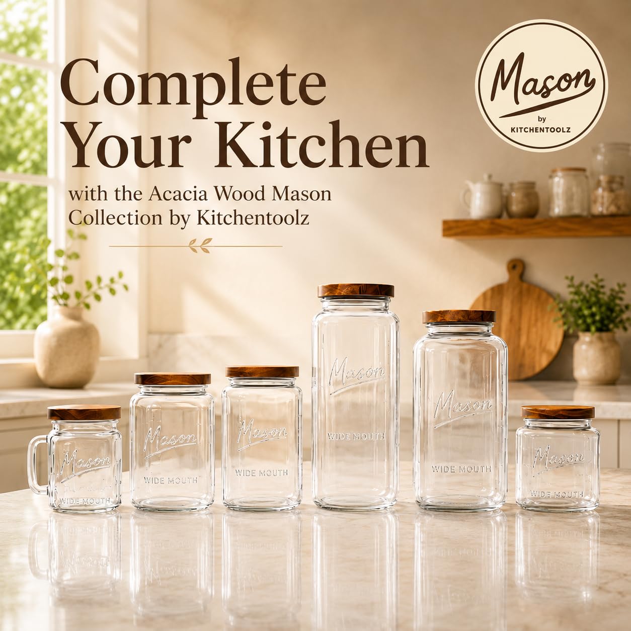 1 Gallon Glass Jars with Wooden Lids - Extra Large Mason Jars Wide Mouth with Airtight Wood Lids - Square Glass Storage Containers with Measurement Markings for Flour, Sugar & Pickling, 2 Pack