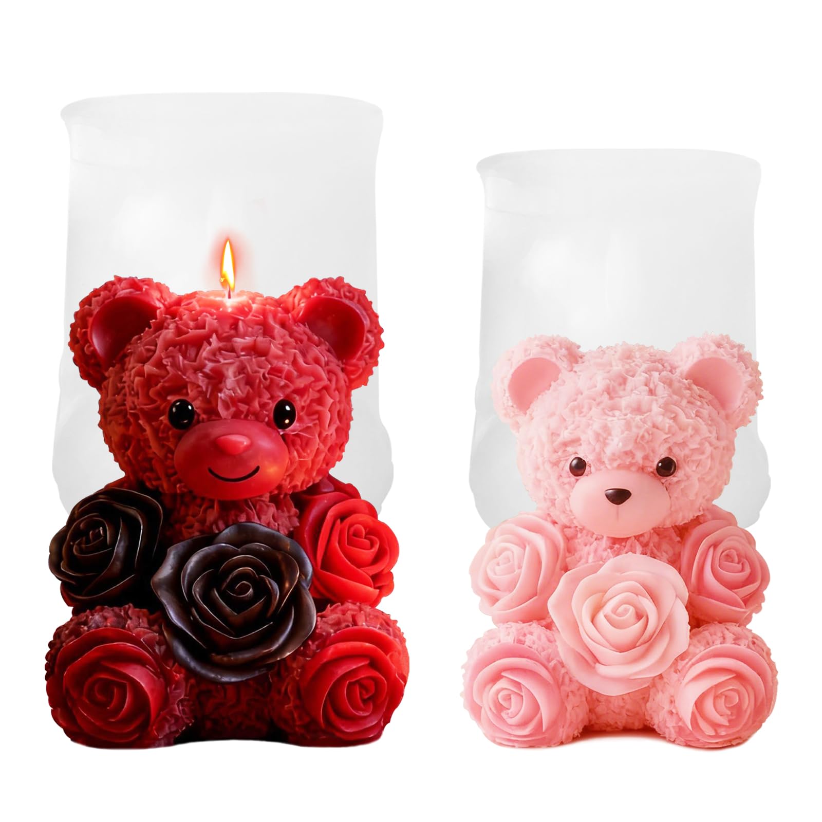 2PCS 3D Rose Bear Wax Candle Mold,Teddy Bear Candle Making Molds,Cute Epoxy Resin Molds,Ornament for DIY Wax Candles Art Craft Cake Chocolate Soap Mold Home Decor Valentine Gifts Birthday Gift