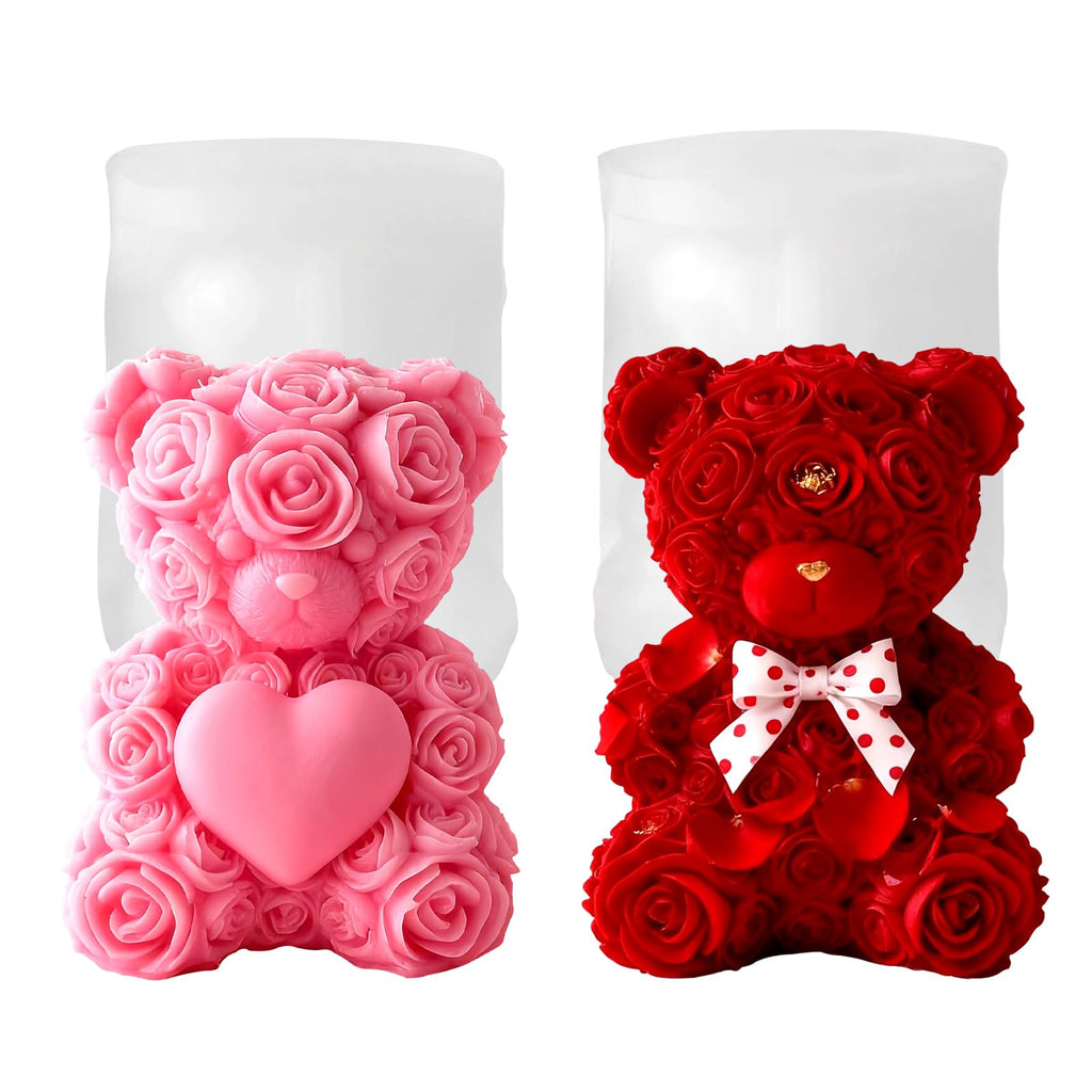 2PCS 3D Rose Bear Wax Candle Mold,Teddy Bear Candle Making Molds,Cute Epoxy Resin Molds,Ornament for DIY Wax Candles Art Craft Cake Chocolate Soap Mold Home Decor Valentine Gifts Birthday Gift