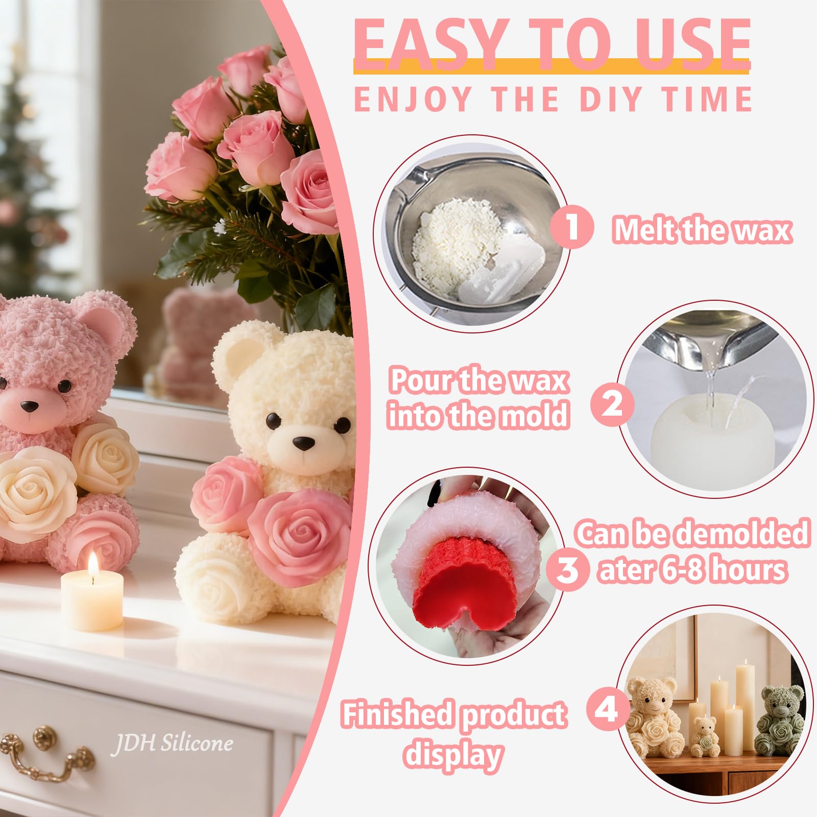 2PCS 3D Rose Bear Wax Candle Mold,Teddy Bear Candle Making Molds,Cute Epoxy Resin Molds,Ornament for DIY Wax Candles Art Craft Cake Chocolate Soap Mold Home Decor Valentine Gifts Birthday Gift