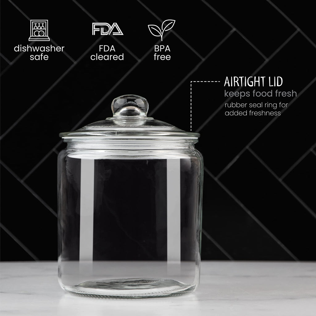 1 Gallon Glass Cookie Jar with Lid – Glass Jar with Lid - Airtight Food Storage Container for Cookies, Candy, Flour, Dog Treats – Clear Large Kitchen Jar for Pantry - Glass Containers with Lids