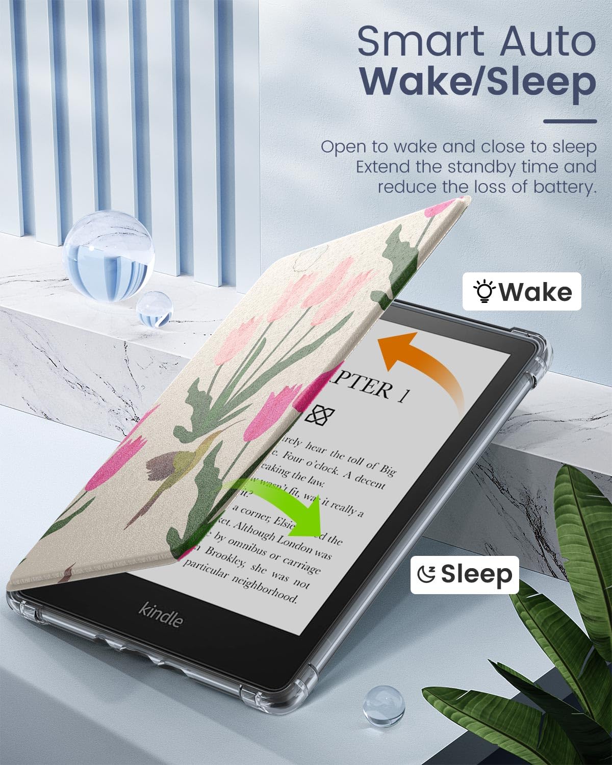 MoKo Case for 6" Kindle (11th Generation-2024/2022 Release), Ultra Clear Soft Flexible Transparent TPU Back Cover Light Shell with Auto Wake/Sleep for Kindle 11th Generation 2024, White Blue Floral