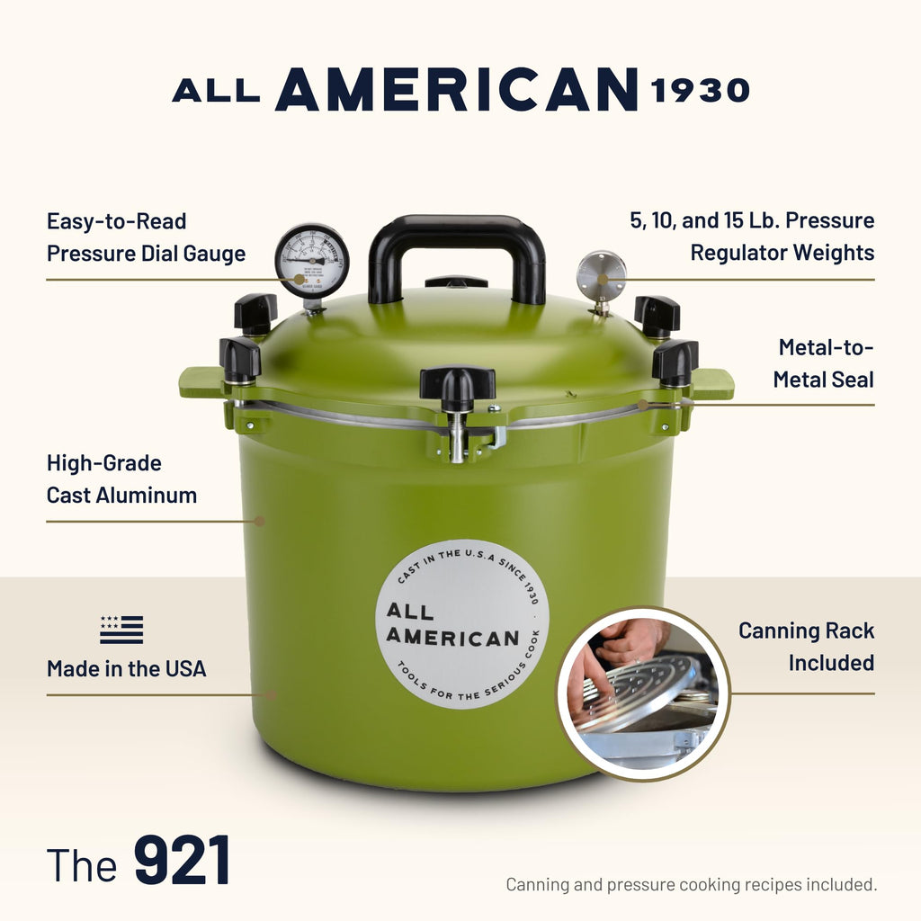 All American 1930: 21.5qt Pressure Cooker/Canner (The 921) - Exclusive Metal-to-Metal Sealing System - Easy to Open & Close - Suitable for Gas, Electric, or Flat Top Stoves - Made in the USA