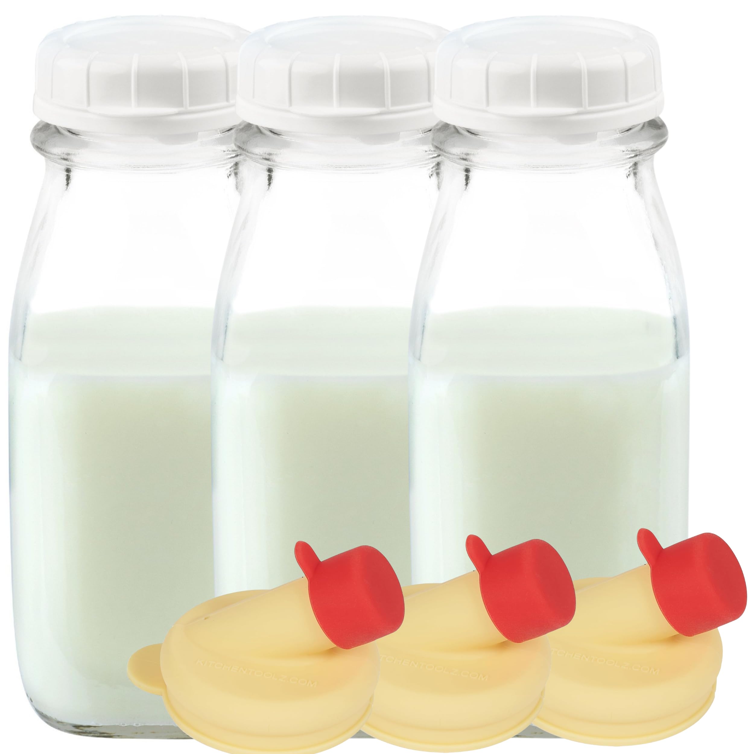kitchentoolz Glass Creamer Bottle 12 Oz Square Glass Milk Bottle with Lids- Glass Bottles with Lids - Milk Container for Refrigerator - 12 Ounce Milk Bottle with Lid and Pour Spout