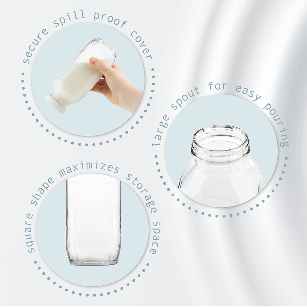 kitchentoolz 16 oz Glass Milk Bottle with Lid - Glass Jars with Airtight Lid used for Milk Container, Yogurt, Smoothies, Juice, Kefir, & Water -2 Pack 16 oz Glass Bottles with Lids